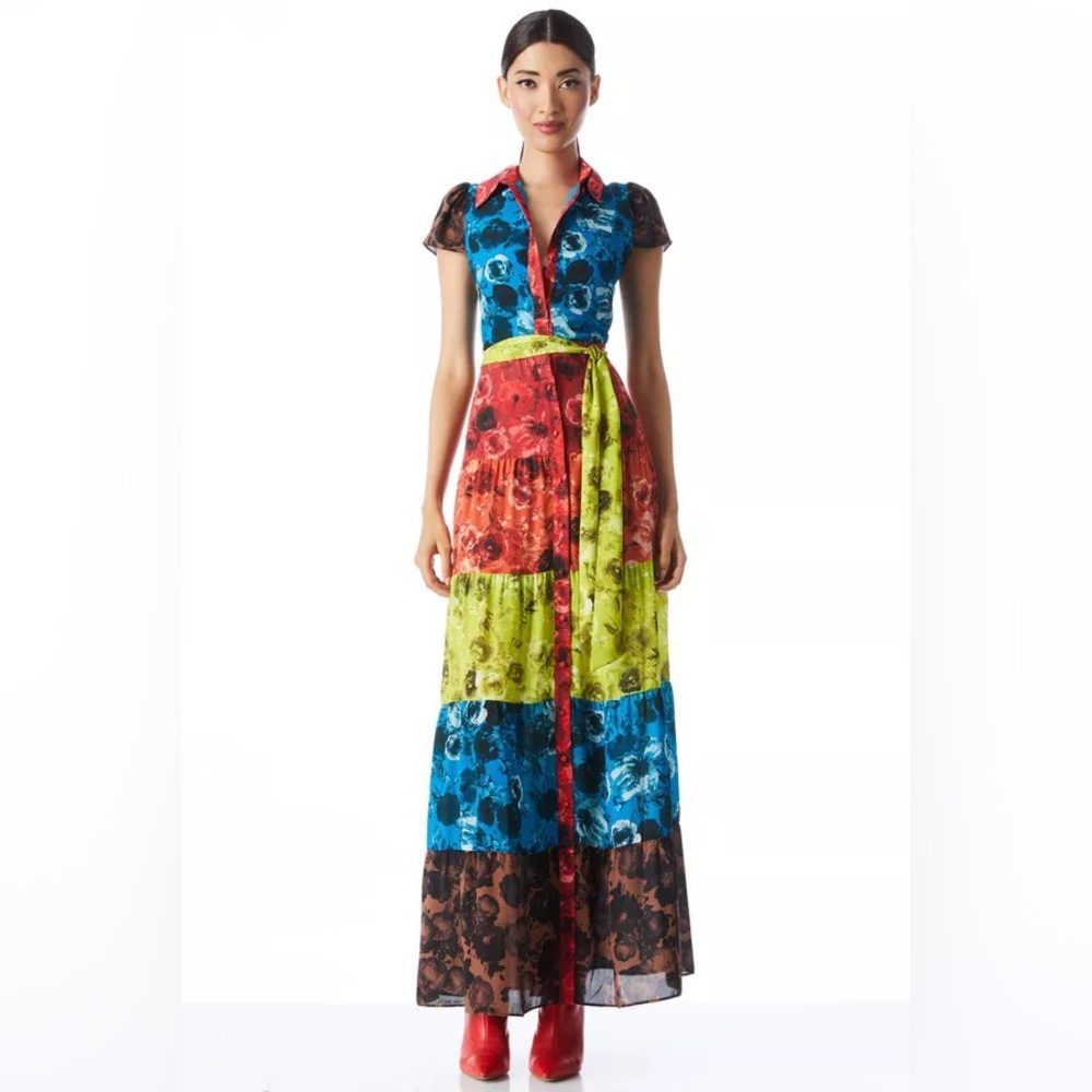 ALICE + OLIVIA Dress NWT Miranda Tiered Maxi Dress Size 2 Floral Multi Collared